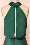 Jinny Emerald Satin Halter Maxi Dress w/ Slit | Boutique 1861 back close-up