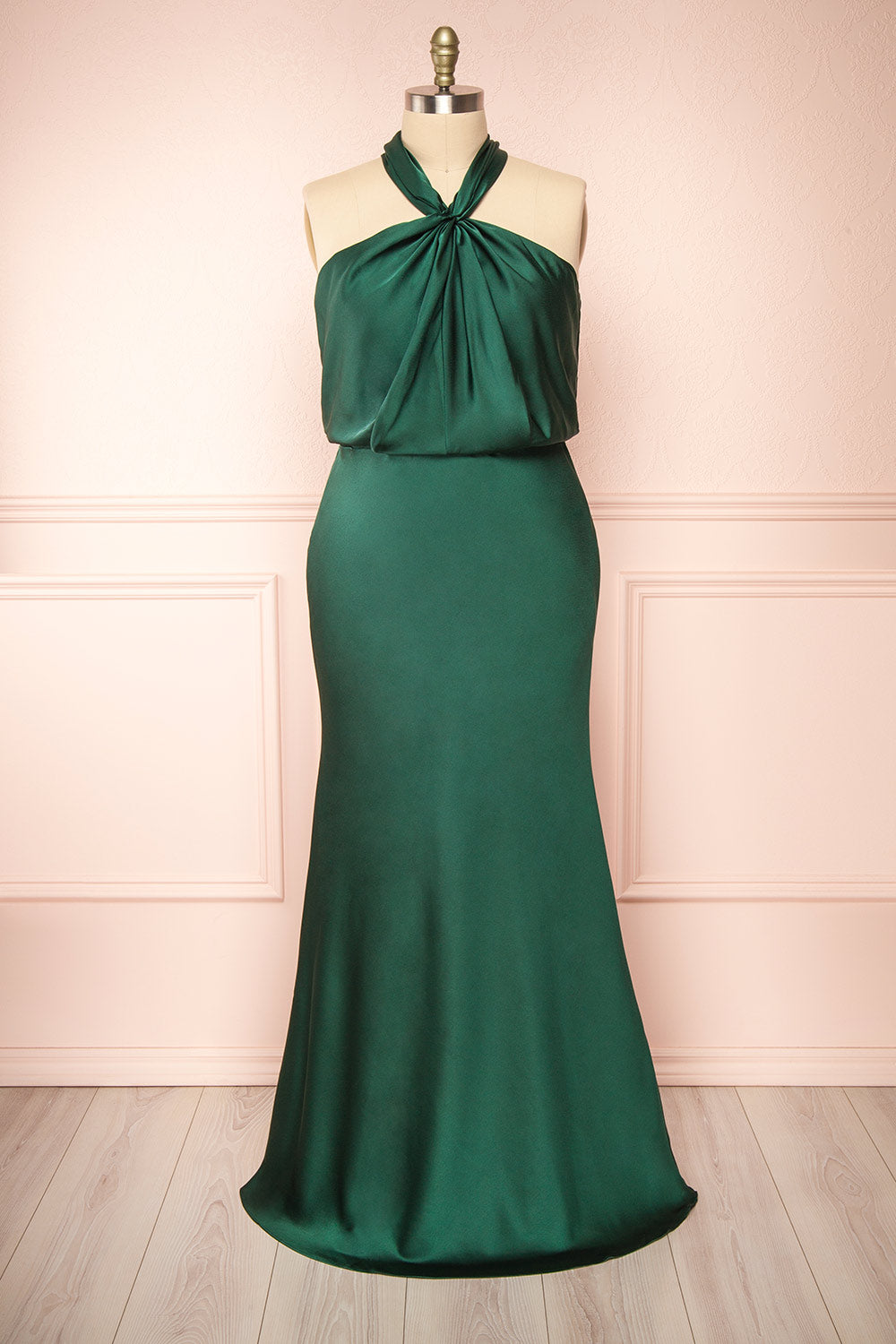 Jinny Emerald Satin Halter Maxi Dress w/ Slit | Boutique 1861 front plus size