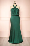 Jinny Emerald Satin Halter Maxi Dress w/ Slit | Boutique 1861 front plus size