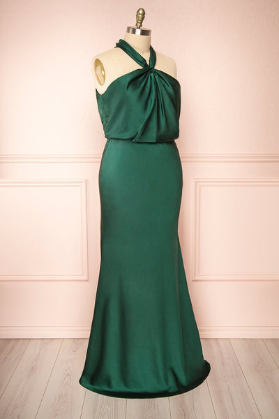 Jinny Emerald Satin Halter Maxi Dress w/ Slit | Boutique 1861 side plus size