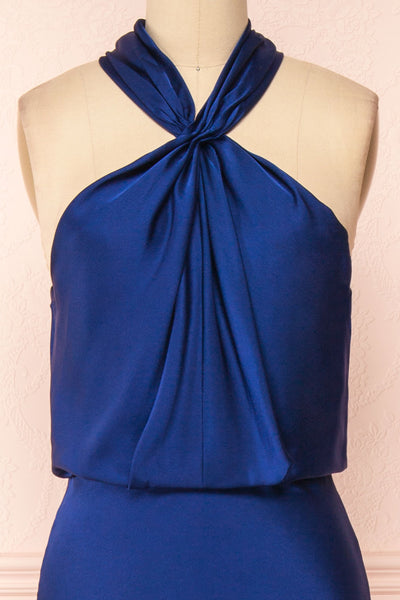 Jinny Navy Satin Halter Maxi Dress w/ Slit | Boutique 1861 front close-up