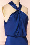 Jinny Navy Satin Halter Maxi Dress w/ Slit | Boutique 1861 side close-up