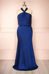 Jinny Navy Satin Halter Maxi Dress w/ Slit | Boutique 1861 front plus size