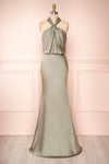 Jinny Sage Satin Halter Maxi Dress w/ Slit | Boutique 1861 front view