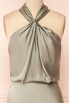 Jinny Sage Satin Halter Maxi Dress w/ Slit | Boutique 1861 front close-up