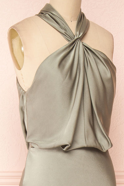 Jinny Sage Satin Halter Maxi Dress w/ Slit | Boutique 1861 side close-up