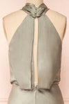 Jinny Sage Satin Halter Maxi Dress w/ Slit | Boutique 1861 back close-up