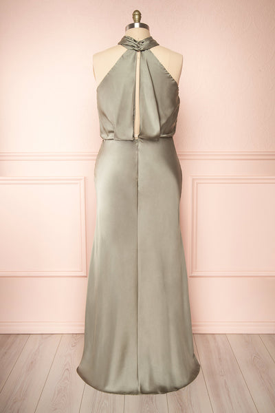 Jinny Sage Satin Halter Maxi Dress w/ Slit | Boutique 1861 back plus size