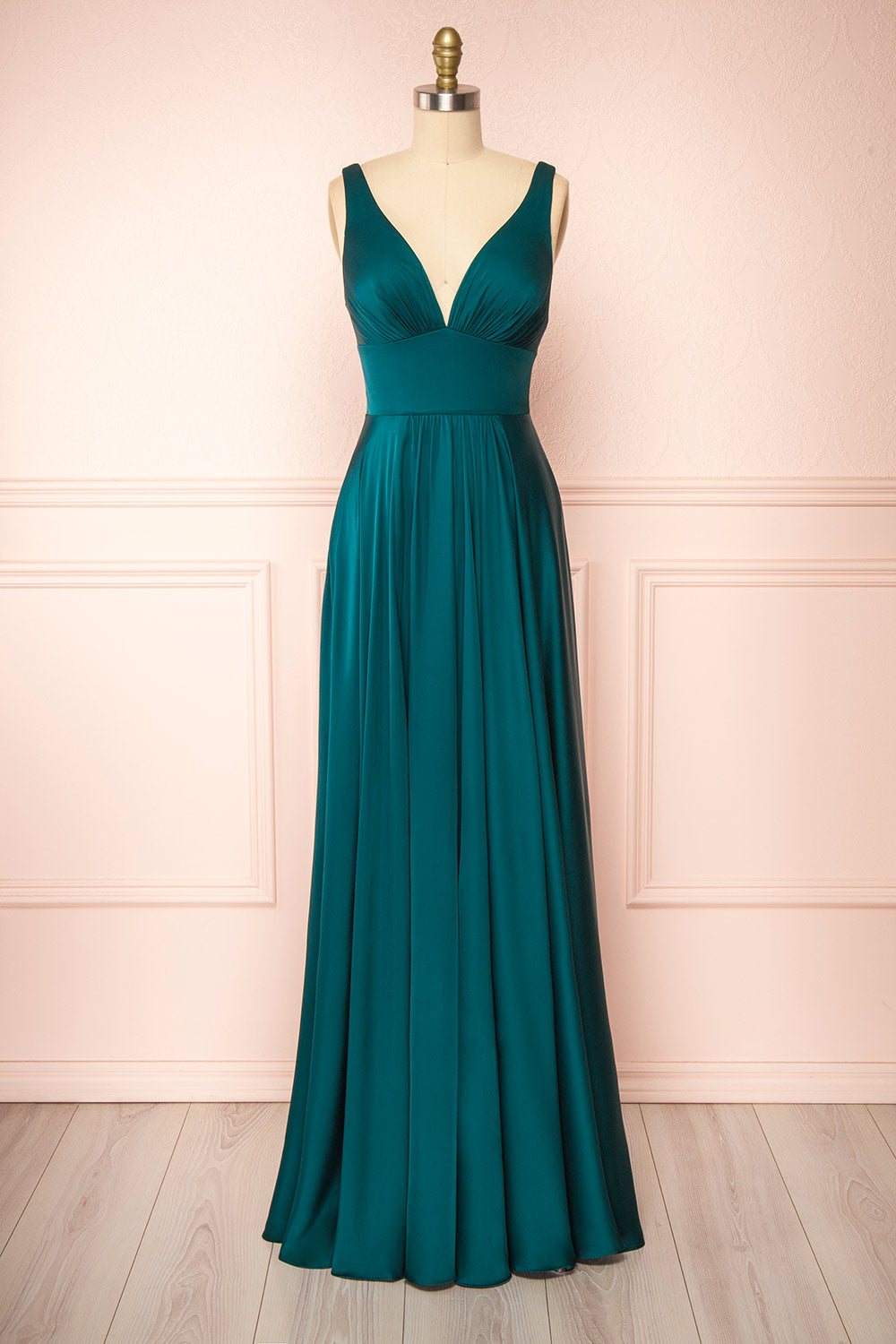 Johanie Emerald Satin Maxi Dress | Boudoir 1861 front view