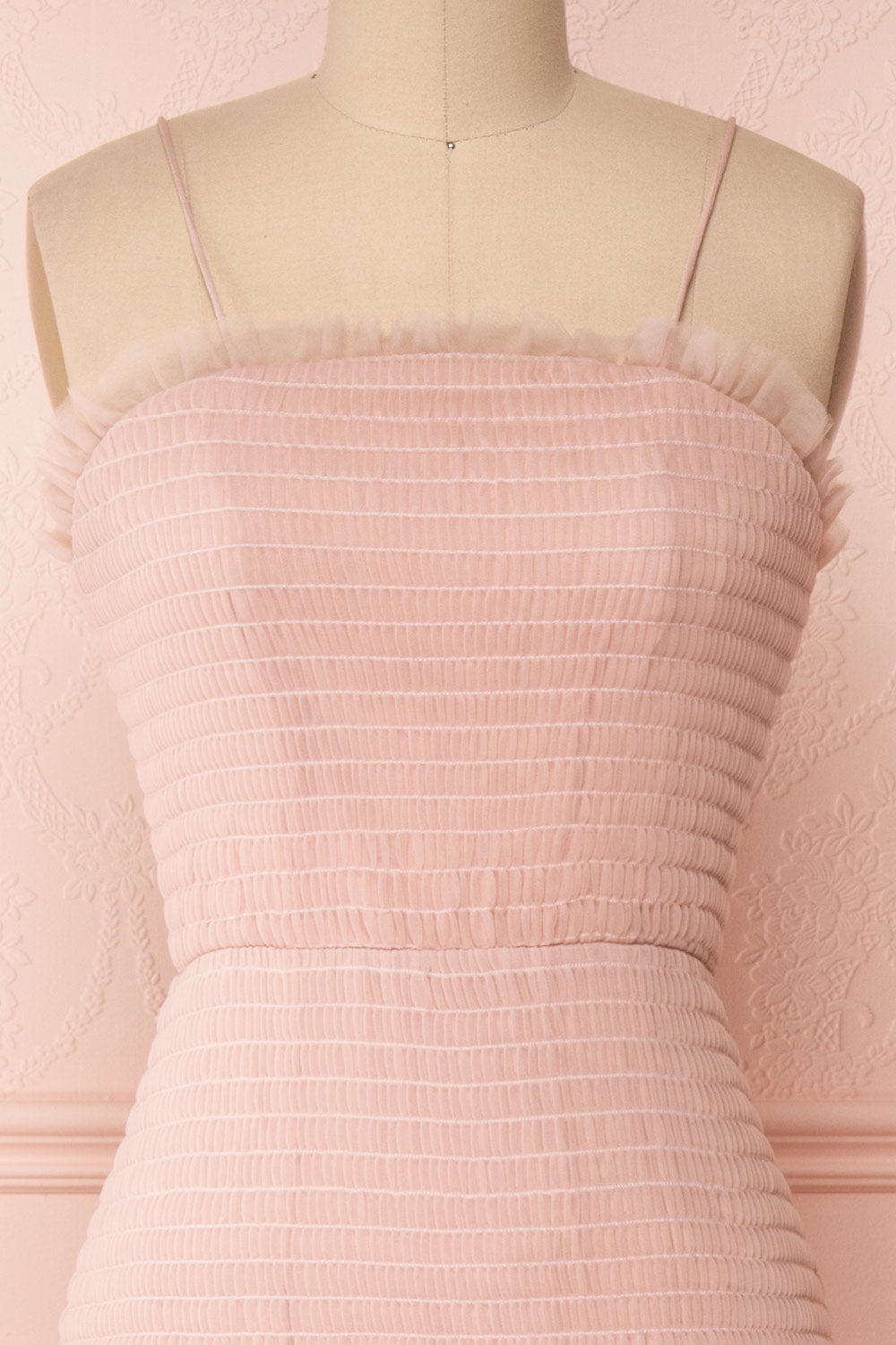 Johanne Nude Pink Layered Tulle Mermaid Dress | Boutique 1861 front close-up