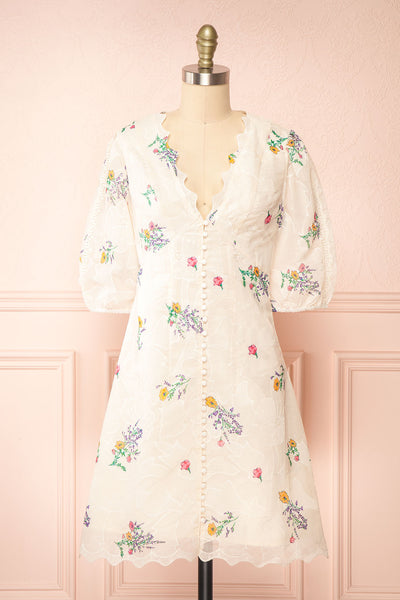 Jolyne Beige Floral Buttonned Midi Dress | Boutique 1861 front view