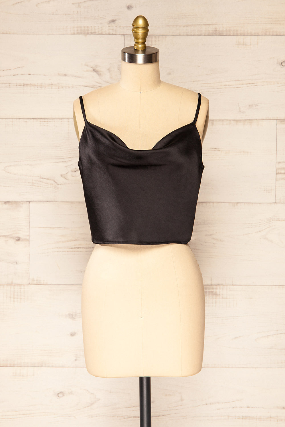 Jonca Black Draped Collar Cropped Satin Tank Top | La petite garçonne front view 