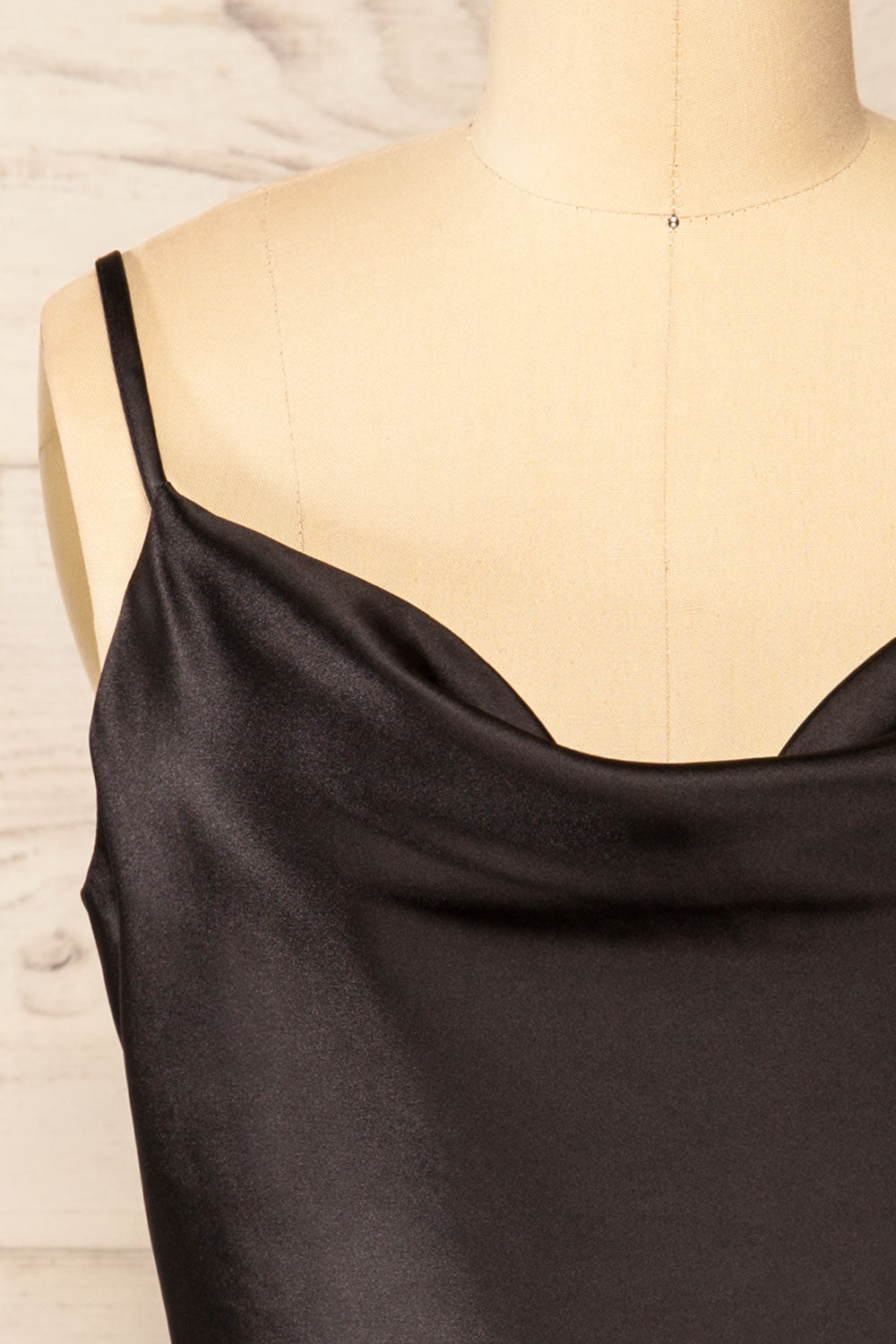 Jonca Black Draped Collar Cropped Satin Tank Top | La petite garçonne front close-up