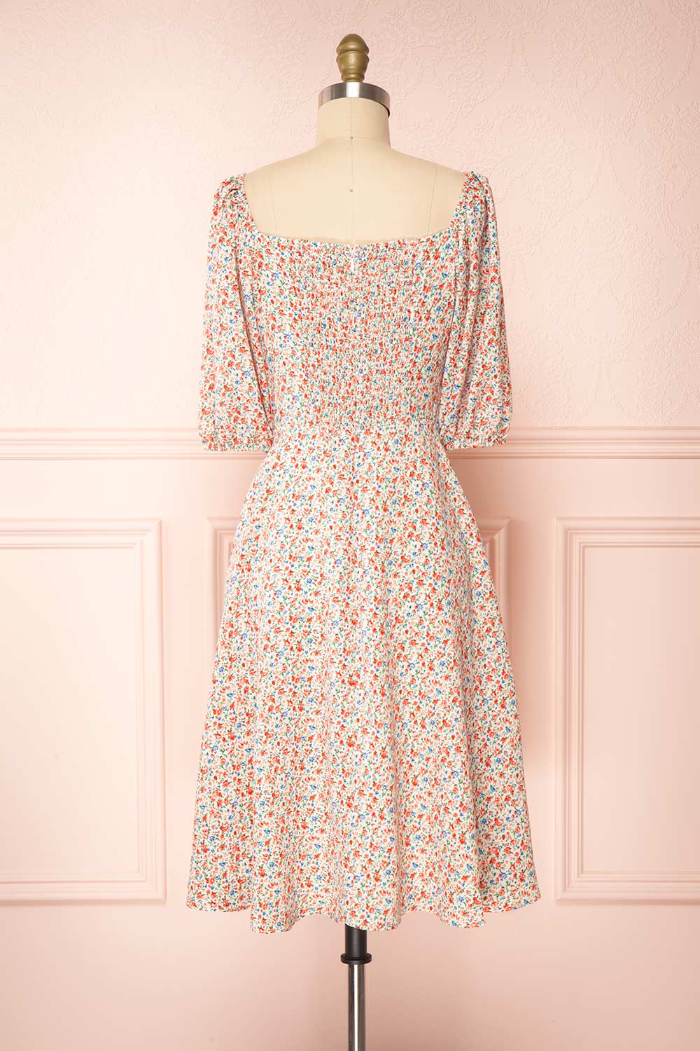 Josee Colorful Puffy Sleeve Floral Midi Dress | Boutique 1861  back view w