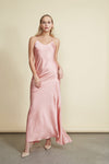 Jude Blush Pink Silky Flowy Halter Dress | La Petite Garçonne front on model