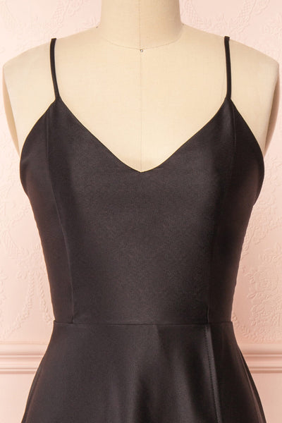 Julia Black Satin Maxi Dress | Boutique 1861 front close-up