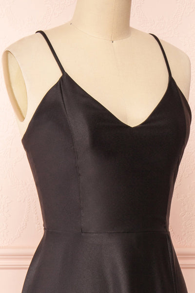 Julia Black Satin Maxi Dress | Boutique 1861 side close-up