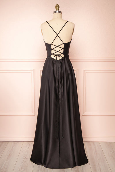 Julia Black Satin Maxi Dress | Boutique 1861 back view