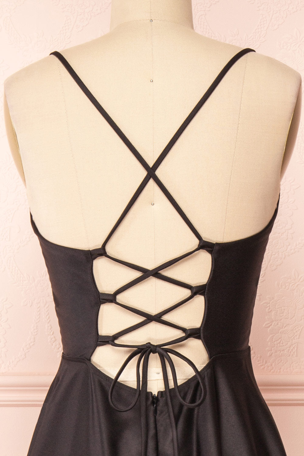 Julia Black Satin Maxi Dress | Boutique 1861 back close-up