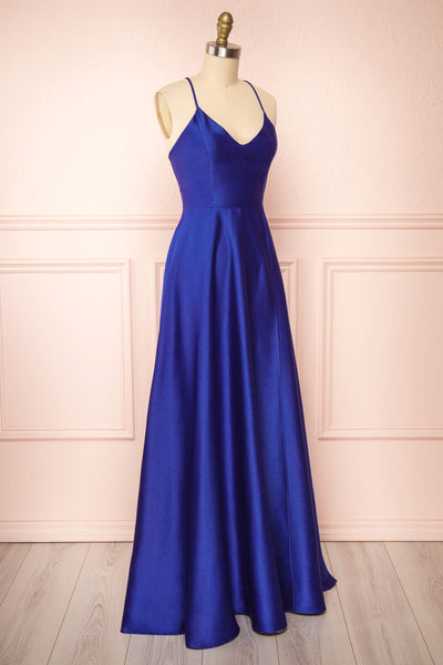 Julia Blue Satin Maxi Dress | Boutique 1861side view