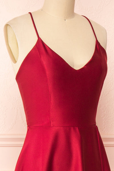 Julia Burgundy Satin Maxi Dress | Boutique 1861 side close-up