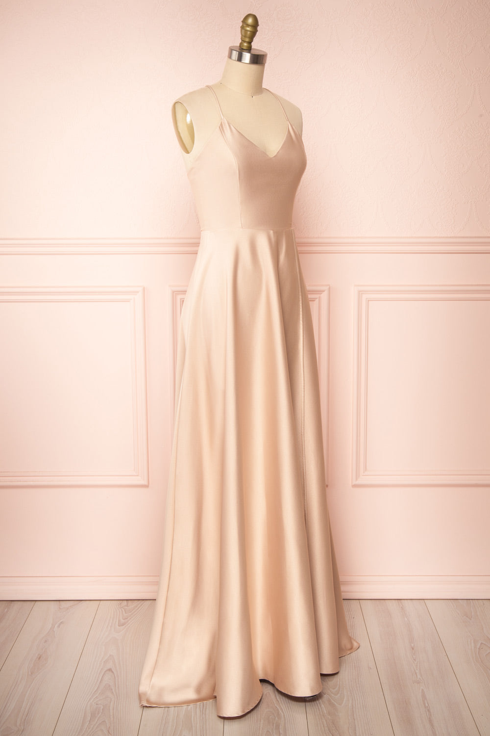 Julia Champagne Satin Maxi Dress | Boutique 1861 side view
