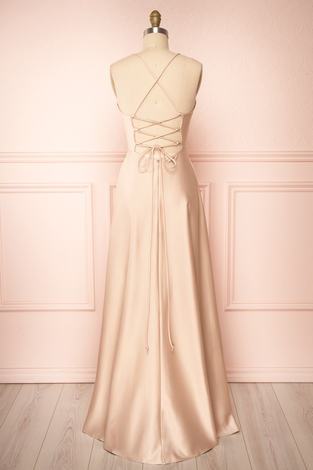 Julia Champagne Satin Maxi Dress | Boutique 1861back view