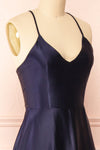 Julia Navy Satin Maxi Dress | Boutique 1861 side close-up