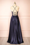 Julia Navy Satin Maxi Dress | Boutique 1861 back view