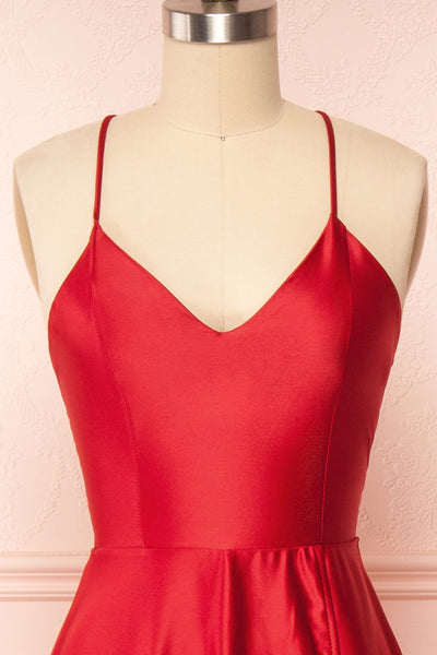 Julia Red Satin Maxi Dress | Boutique 1861 front close up