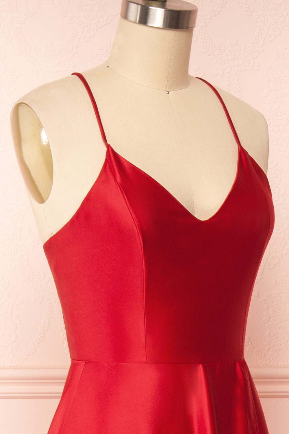 Julia Red Satin Maxi Dress | Boutique 1861 side close up