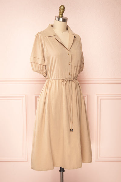 Julie Beige Faux-Linen Midi Dress w/ Drawstring | Boutique 1861 side view