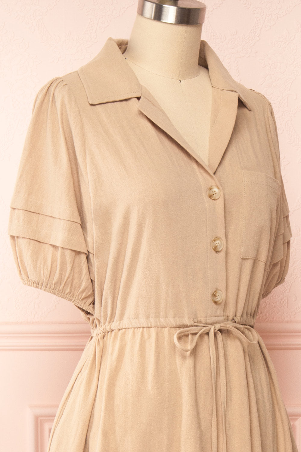 Julie Beige Faux-Linen Midi Dress w/ Drawstring | Boutique 1861 side close up