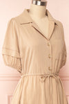 Julie Beige Faux-Linen Midi Dress w/ Drawstring | Boutique 1861 side close up