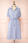 Julie Blue Faux-Linen Midi Dress w/ Drawstring | Boutique 1861  front view