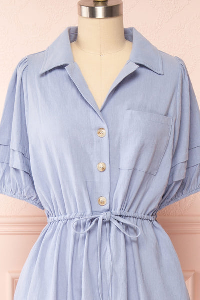 Julie Blue Faux-Linen Midi Dress w/ Drawstring | Boutique 1861  front close up