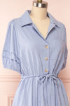 Julie Blue Faux-Linen Midi Dress w/ Drawstring | Boutique 1861  side close up