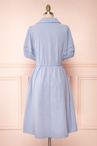 Julie Blue Faux-Linen Midi Dress w/ Drawstring | Boutique 1861 back view