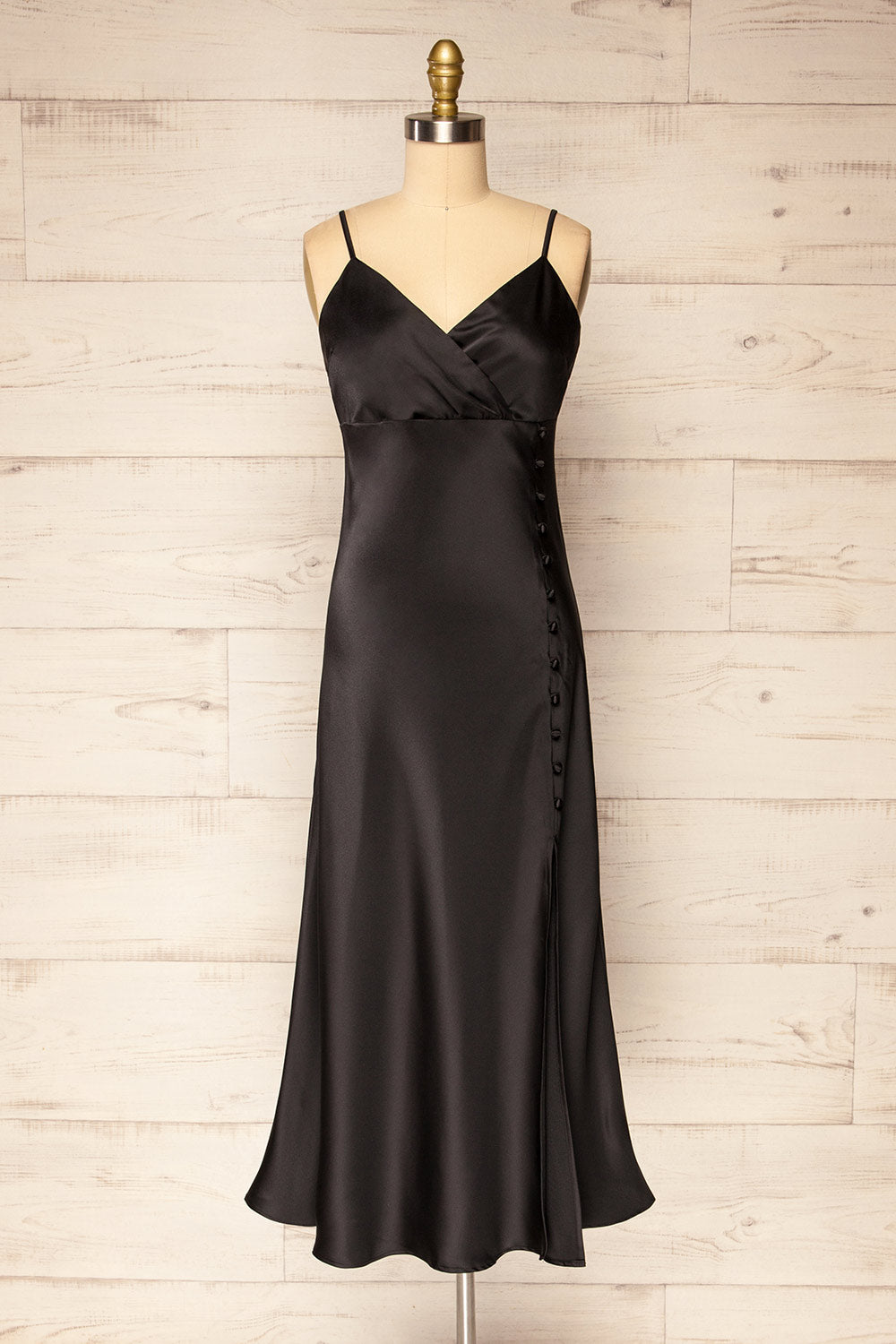 Juliene Black Satin Midi Dress w/ Slit | La petite garçonne front view