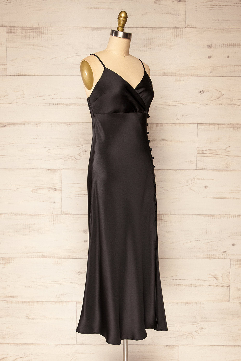 Juliene Black Satin Midi Dress w/ Slit | La petite garçonne side view