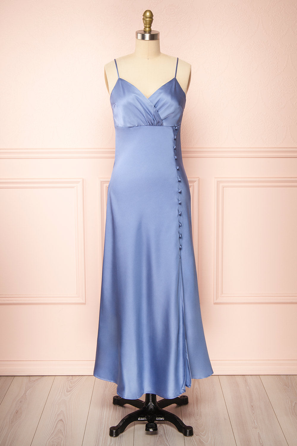 Juliene Blue Satin Midi Dress w/ Slit | La petite garçonne front view