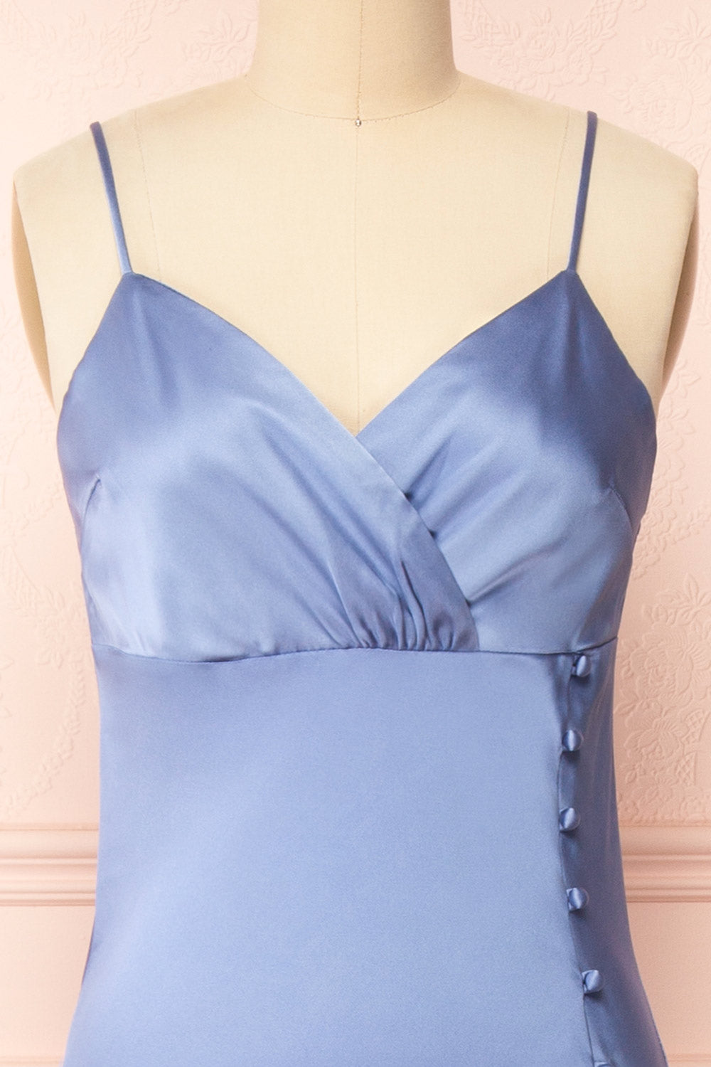 Juliene Blue Satin Midi Dress w/ Slit | La petite garçonne front close-up