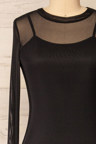 Junnifer Black Mesh Midi Dress w/ Long Sleeves | La petite garçonne front close-up