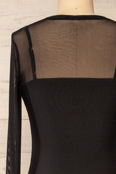 Junnifer Black Mesh Midi Dress w/ Long Sleeves | La petite garçonne back close-up