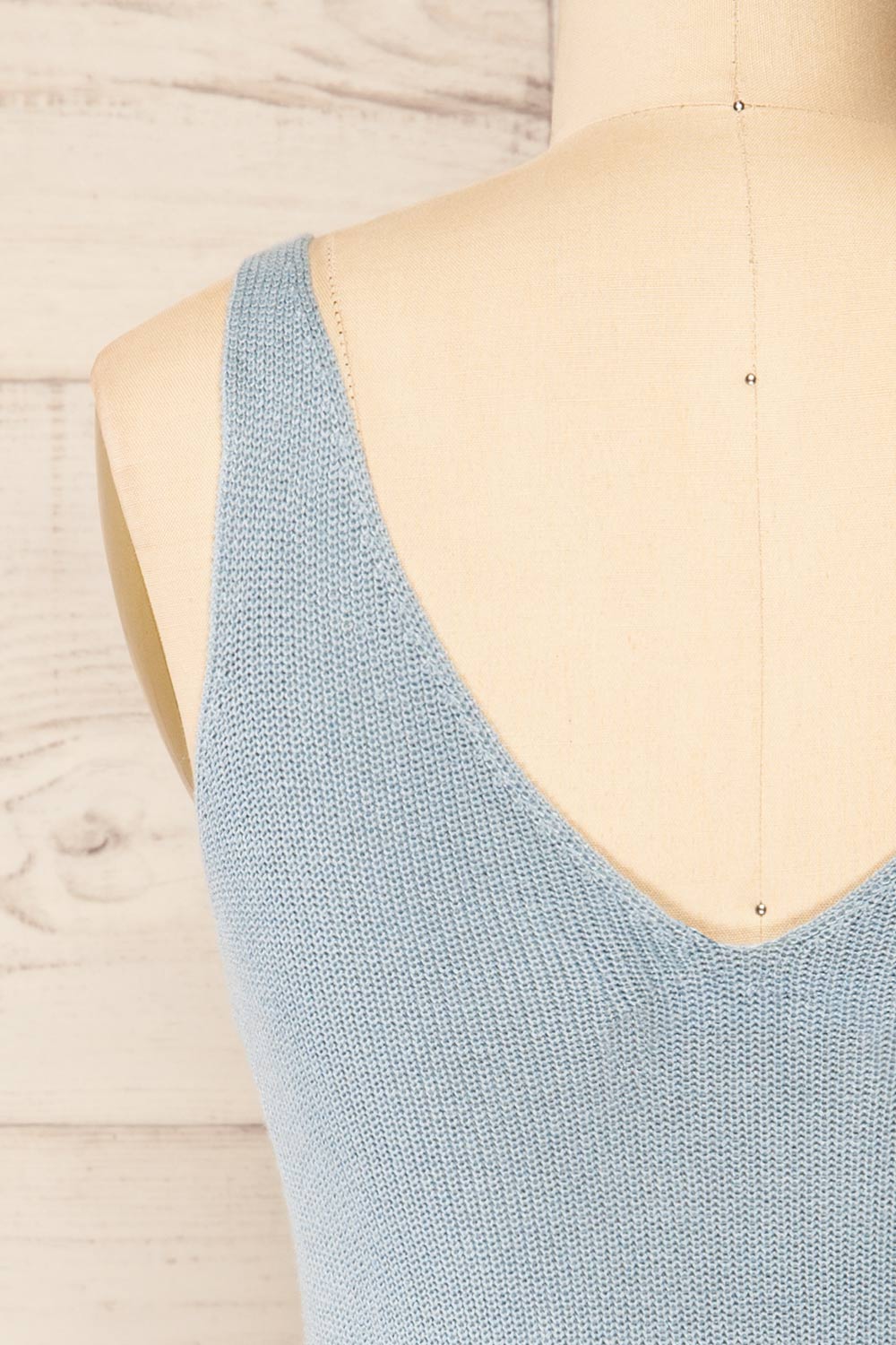 Juva Blue V-Neck Knit Tank Top | La petite garçonne back close-up