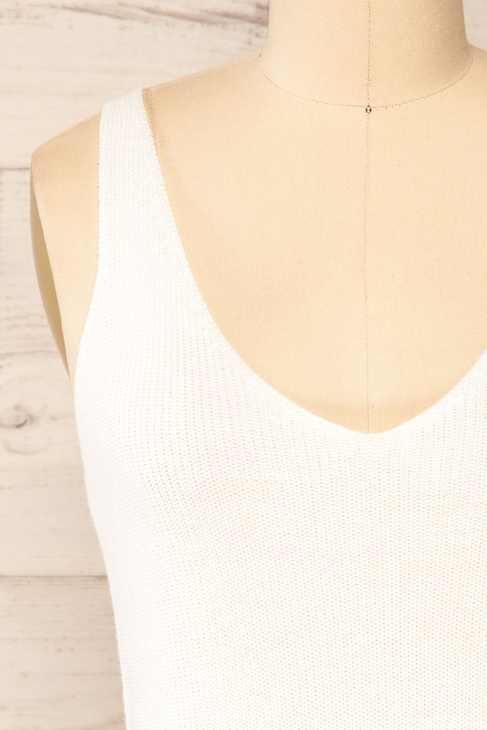 Juva White V-Neck Knit Tank Top | La petite garçonne front close-up