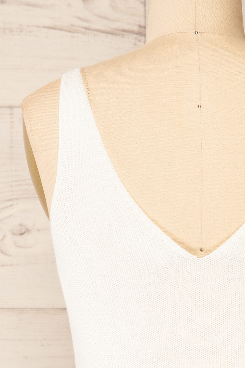 Juva White V-Neck Knit Tank Top | La petite garçonne back close-up