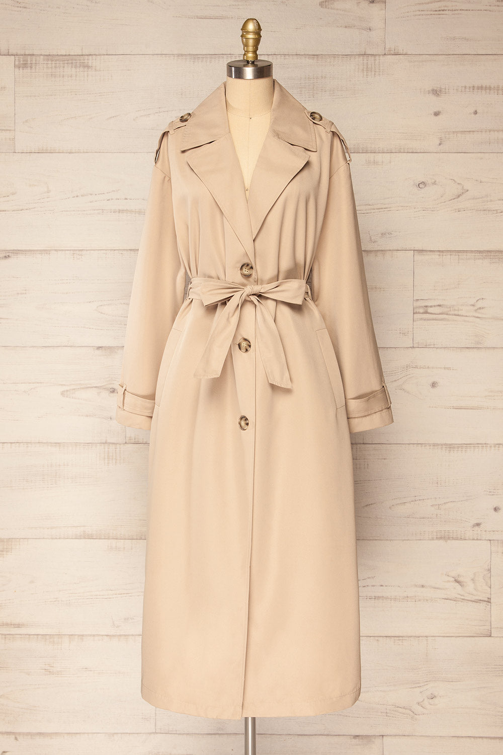 Kacovec Beige Trench Coat w/ Belt | La petite garçonne front view 