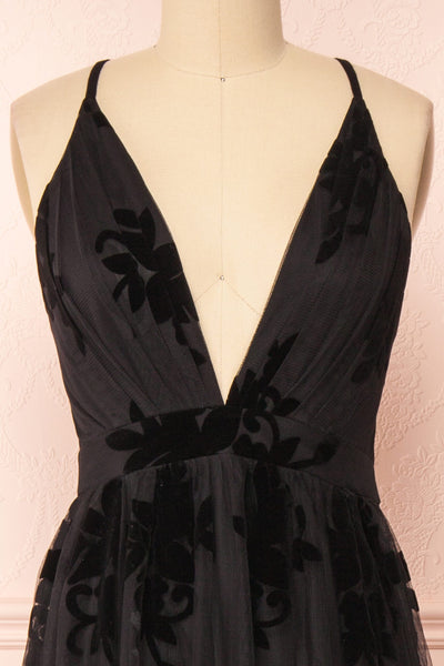 Kailania Black Plunging Neckline Maxi Gown | Boutique 1861 front close-up
