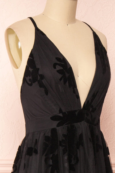 Kailania Black Plunging Neckline Maxi Gown | Boutique 1861 side close-up
